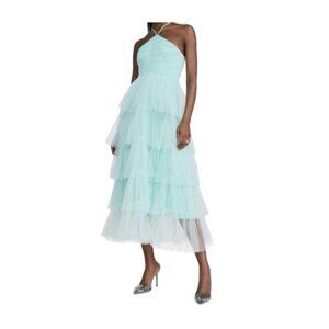 Likely Tulle Halter Midi Dress With Tiered Ruffle Layers & Ruched Womens Size 6